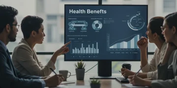 Employees reviewing 2025 employer-sponsored health benefits presentation in an office.