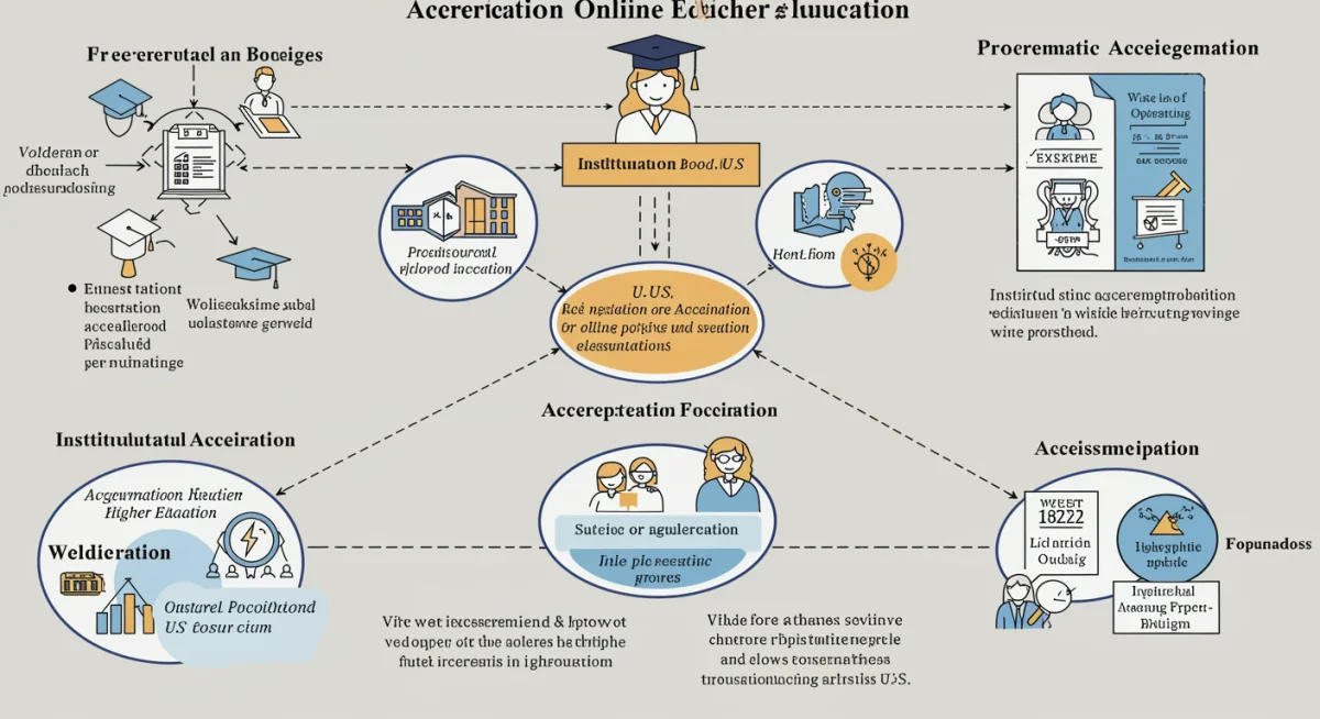 Infographic explaining institutional and programmatic accreditation types in US online higher education.