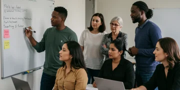 Adults collaborating in a modern classroom, representing alternative teacher training