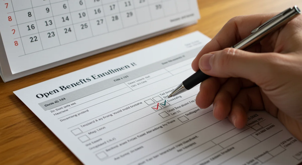 Hand filling out a benefits enrollment form with a calendar in the background.