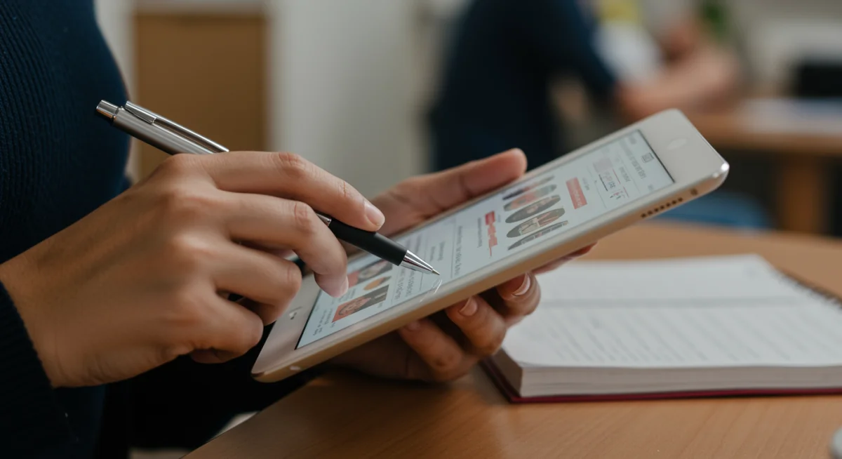 Hands holding a tablet and pen, symbolizing digital learning in alternative teacher programs