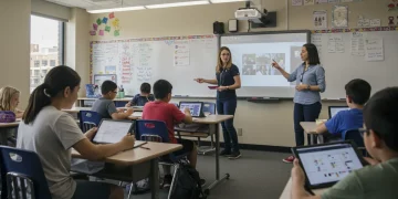 Students engaging with personalized learning technology in a modern US classroom.