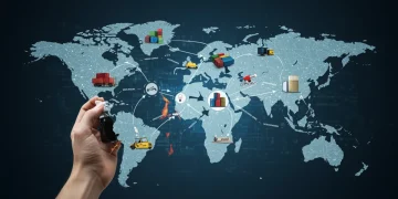 Global supply chain network showing interconnected routes and potential disruptions, symbolizing economic impact.