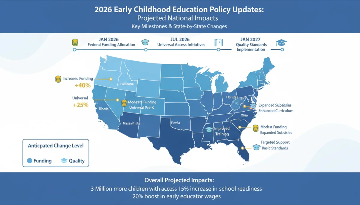 Infographic showing key milestones and impacts of 2026 early childhood education policies across U.S. states