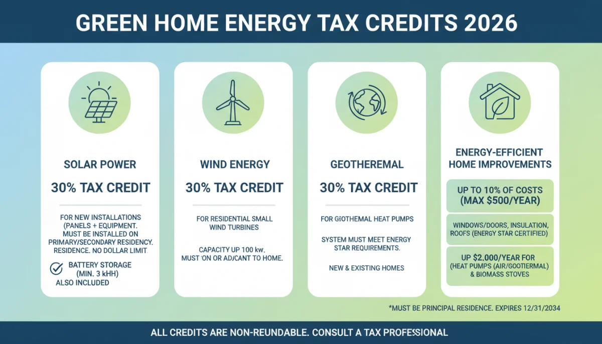Infographic detailing 2026 green energy tax credit types for homeowners