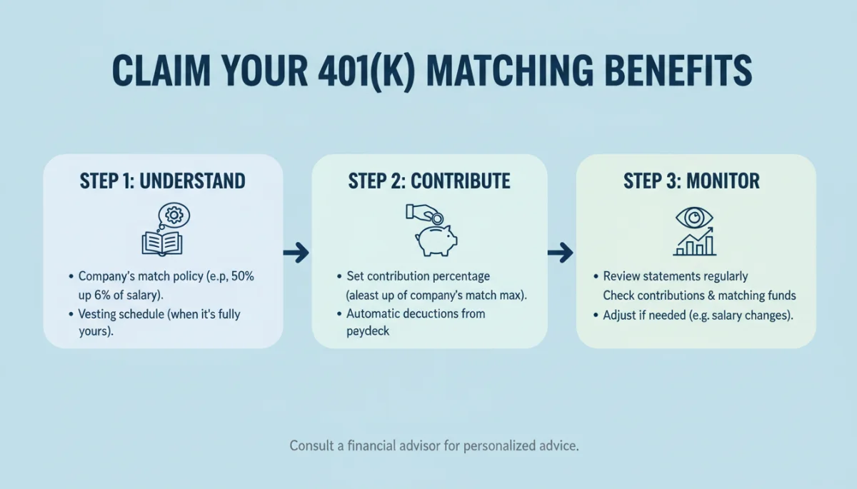 Infographic showing 3 steps to claim 401(k) matching benefits