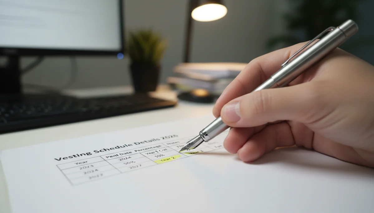 Hand analyzing 2026 retirement vesting schedule document