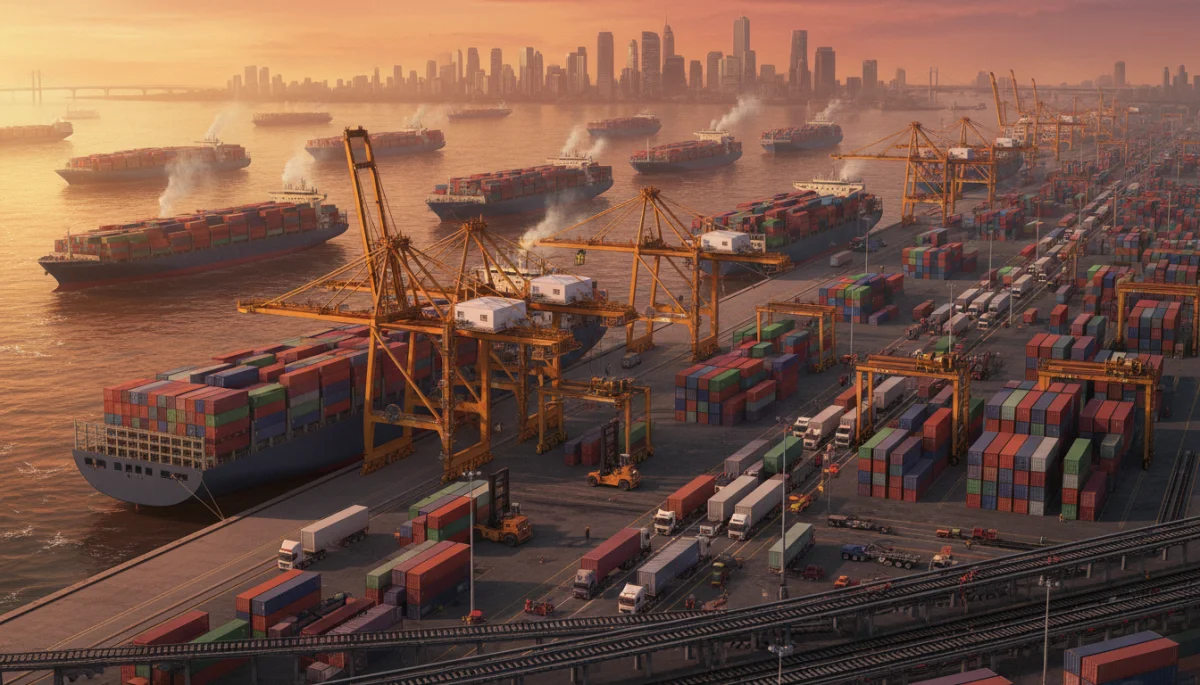 Busy port operations with container ships and cranes