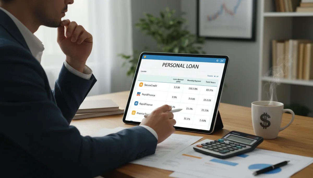 Person comparing multiple personal loan offers on a tablet, evaluating terms.