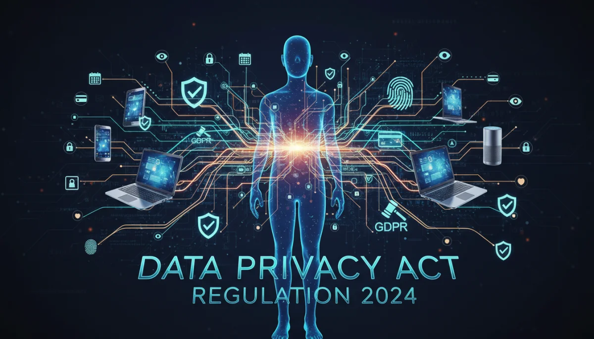Interconnected digital devices and a person silhouette demonstrating data flow and privacy regulations