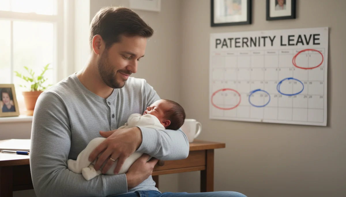 Father holding newborn baby during paternity leave