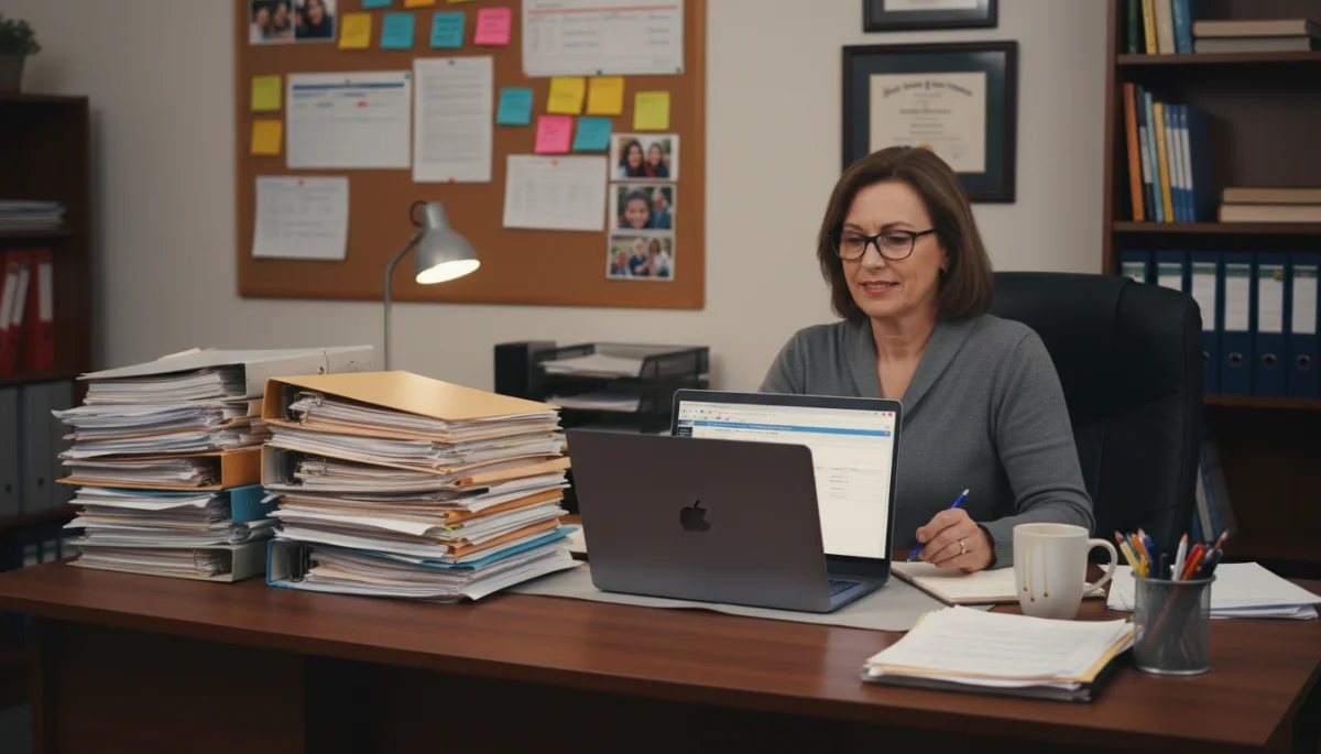 School administrator reviewing federal grant application documents