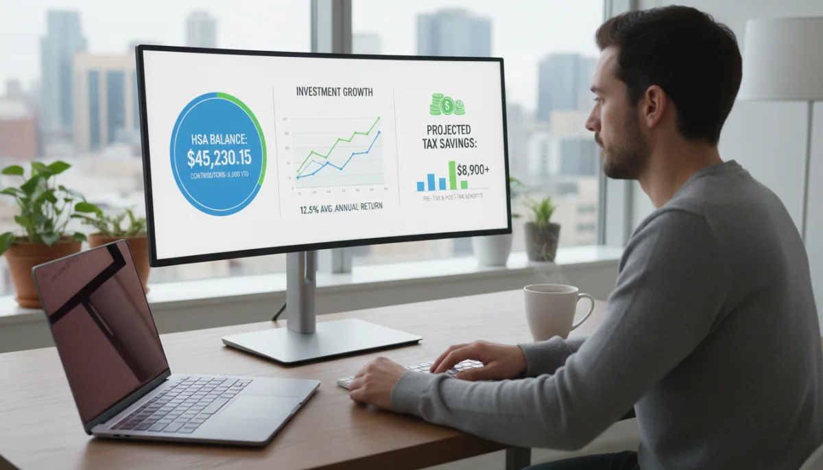 Person analyzing HSA investment growth and tax benefits on a digital dashboard