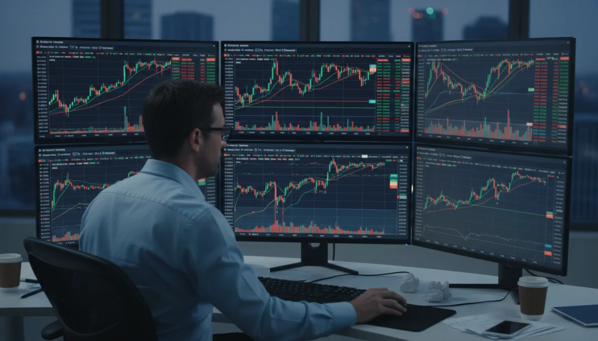 Investor analyzing stock market data on multiple screens