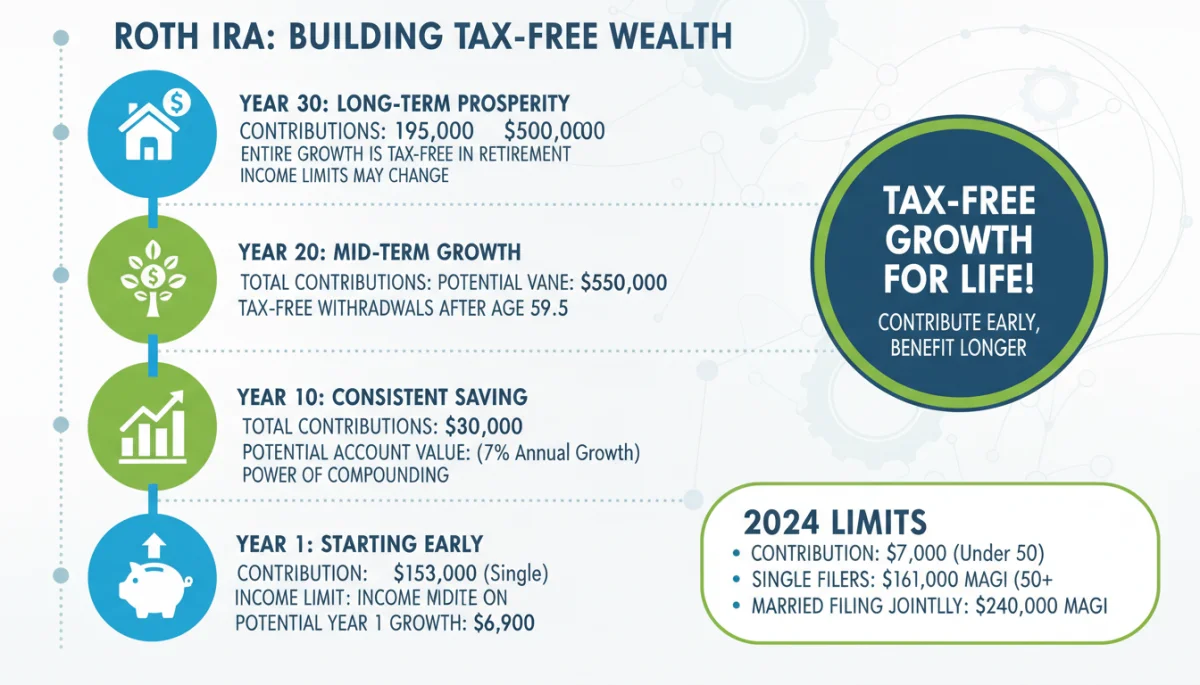 Infographic illustrating Roth IRA contribution timeline and growth projections