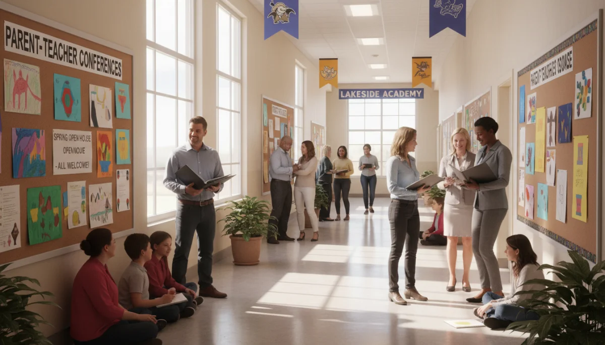 Parents and teachers conversing in a school hallway, fostering communication.