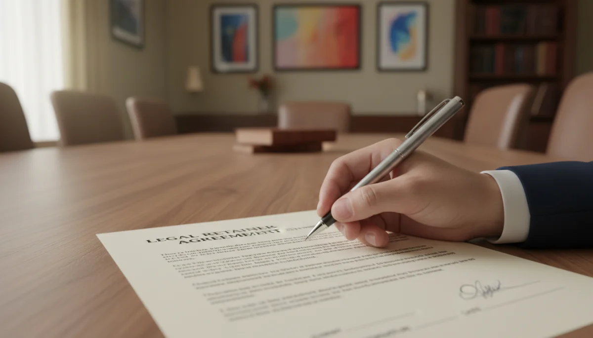 Hand signing a legal document, symbolizing formalizing legal assistance.