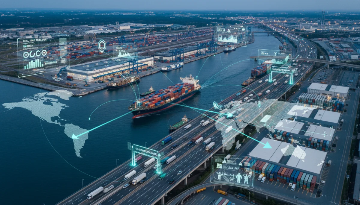 Interconnected supply chain logistics with cargo, trucks, and warehouses, showing global flow of goods