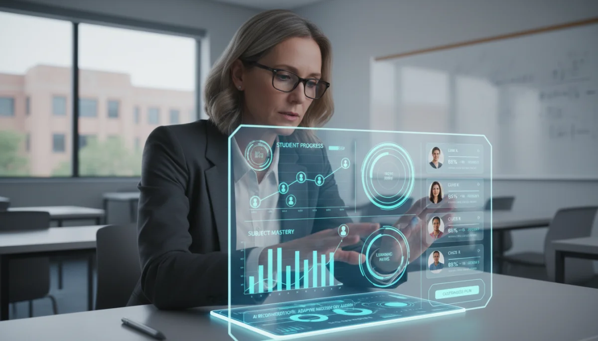 Educator analyzing student data with AI-powered dashboard
