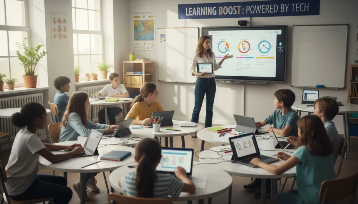 Teacher and students using technology for personalized learning