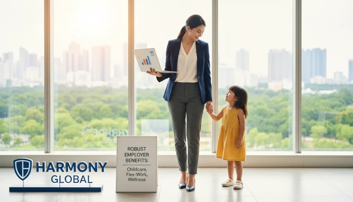 Working mother balancing career and family with employer support